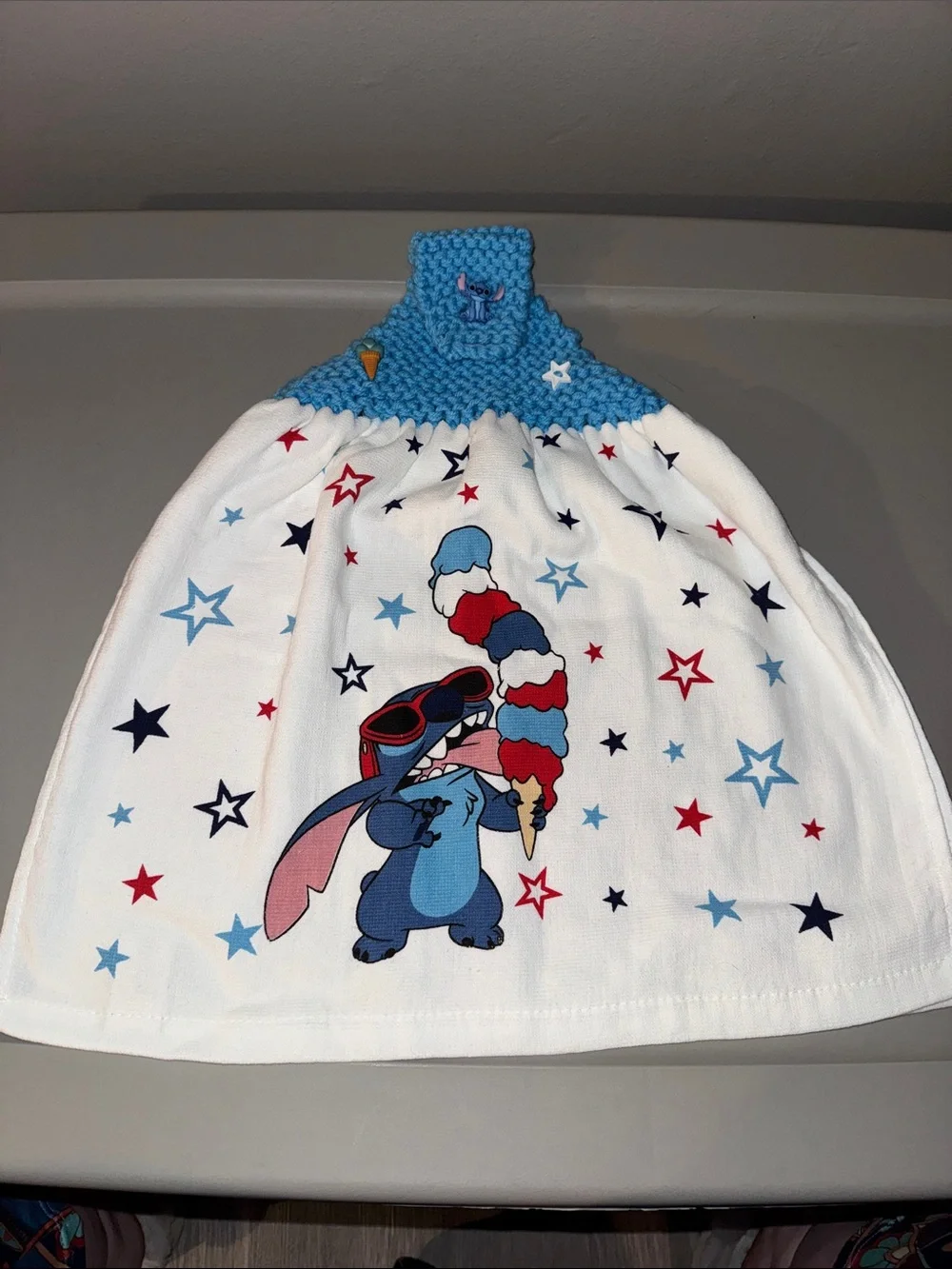 Blue Star Print Hanging Kitchen Towel with Character Accent